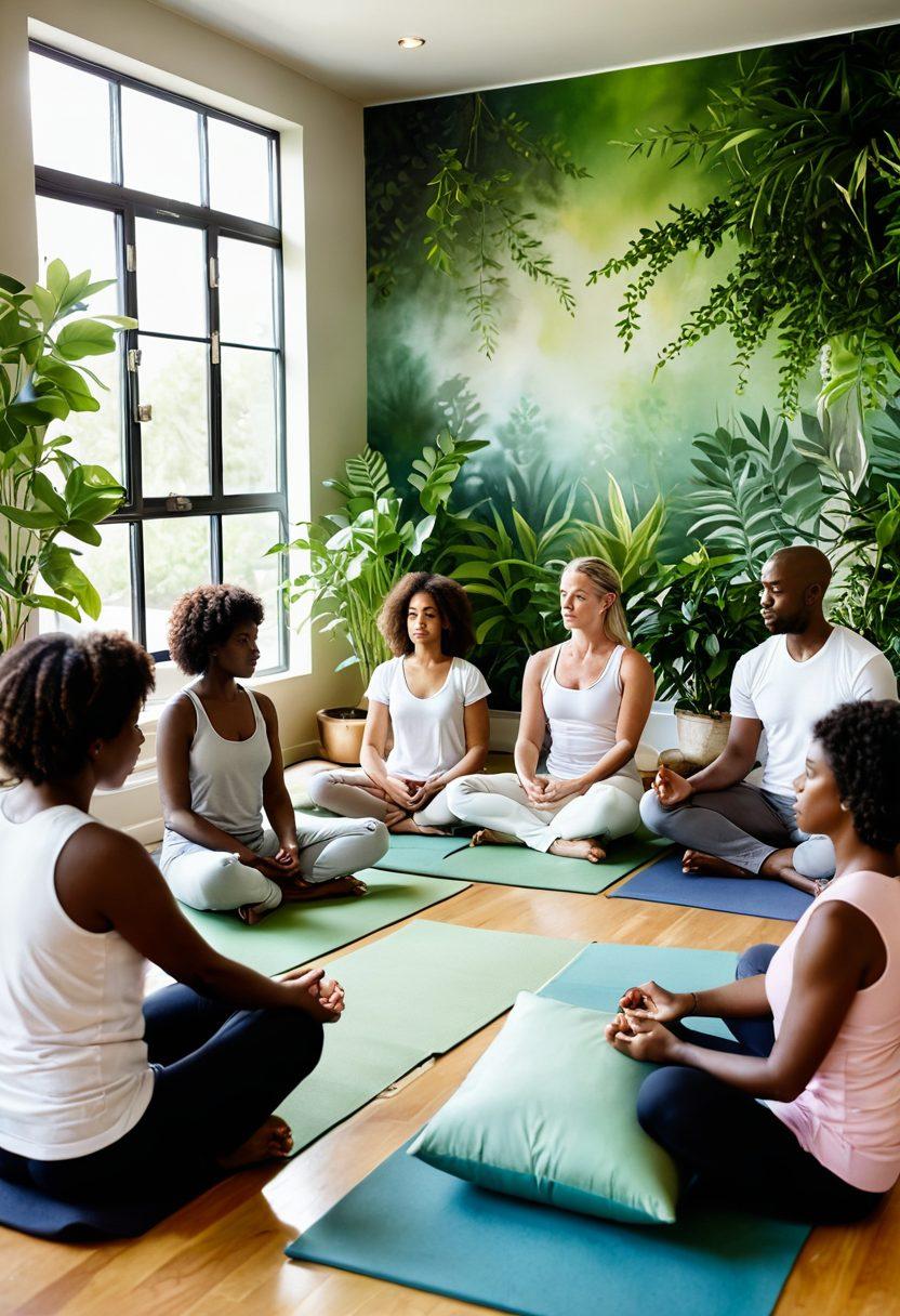 A comforting scene of a diverse group of people in a serene support group session, surrounded by soft natural light and green plants, conveying warmth and hope. Include elements of wellness like yoga mats, meditation cushions, and innovative cancer care resources like informational brochures. A mural in the background showcasing a vibrant healing journey. super-realistic. soft colors. warm lighting.