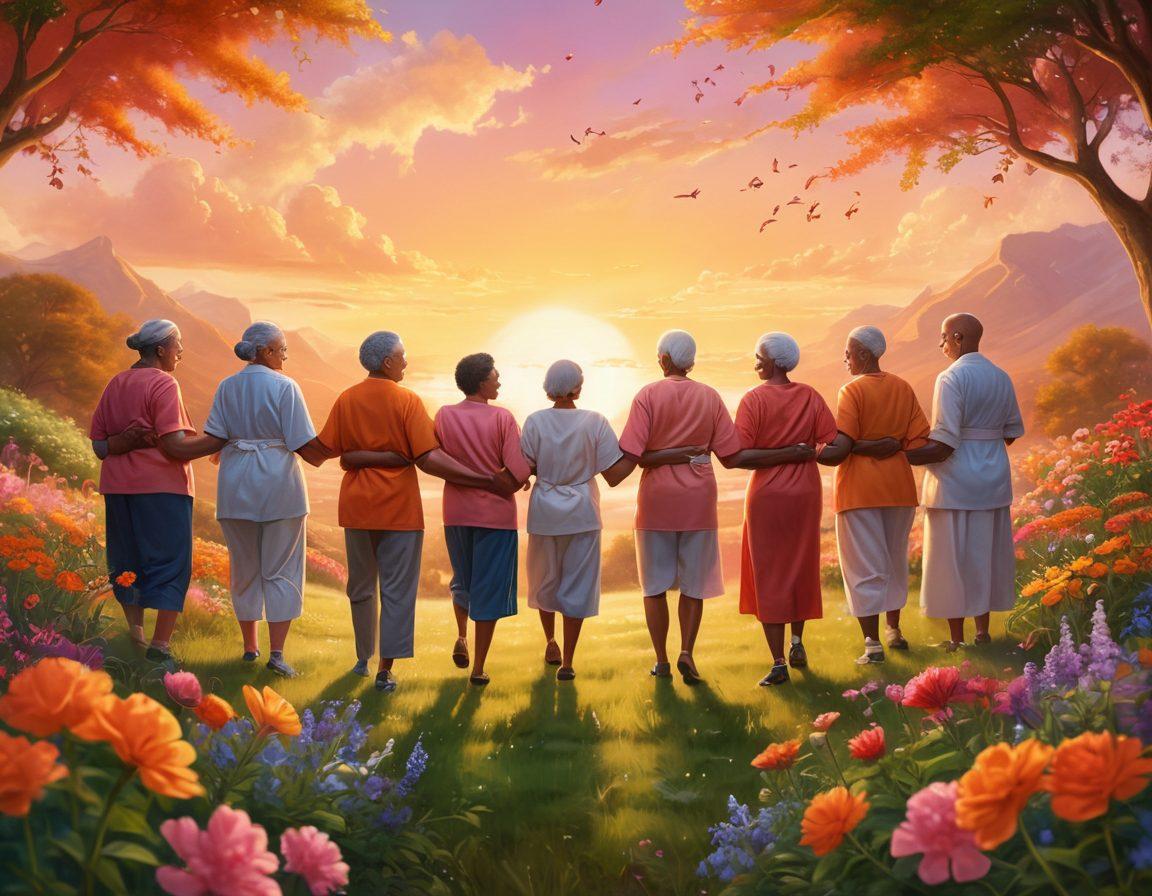A serene landscape depicting a diverse group of cancer survivors celebrating life together, surrounded by lush greenery and vibrant flowers. The sky is painted in warm sunset hues symbolizing hope, while elements of innovation such as a ribbon of DNA and medical icons are subtly integrated into the scene. Soft, glowing light radiates from the group, highlighting their smiles and resilience. super-realistic. vibrant colors. warm tones.